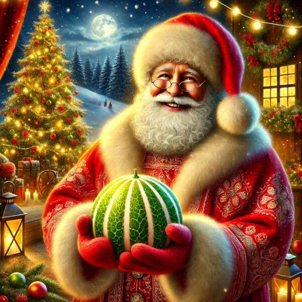 Von künstlicher Intelligenz geschaffenes Bild eines Weihnachtsmannes, der eine grün-weiß gestreifte Melone in den Händen hält